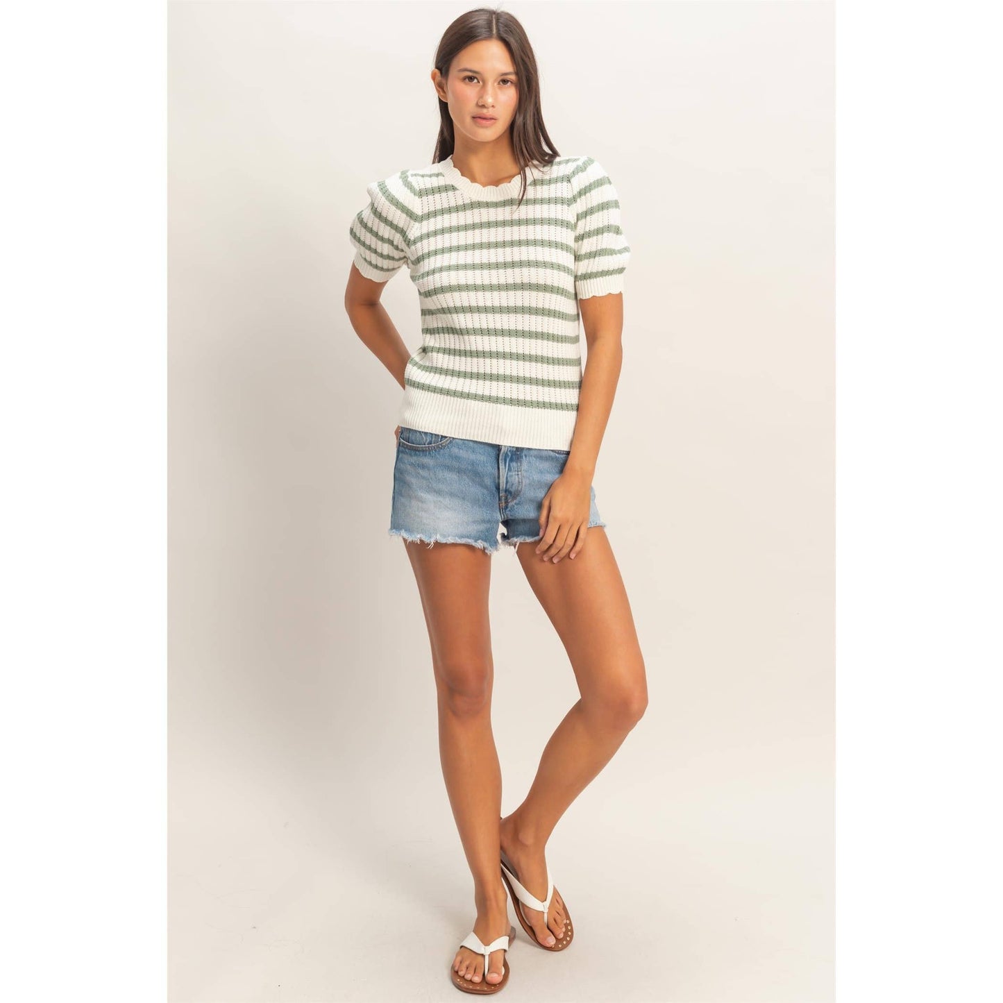 Striped Scallop Edge Puff Sleeve Knit Top