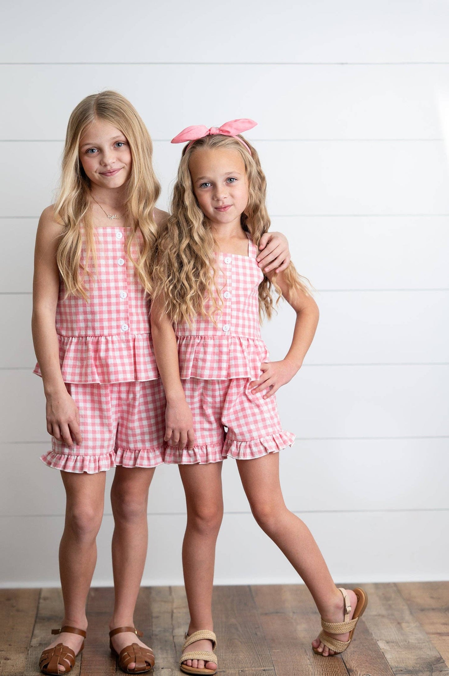 Kids Pink Check Gingham Ruffle Button Spring Short Set