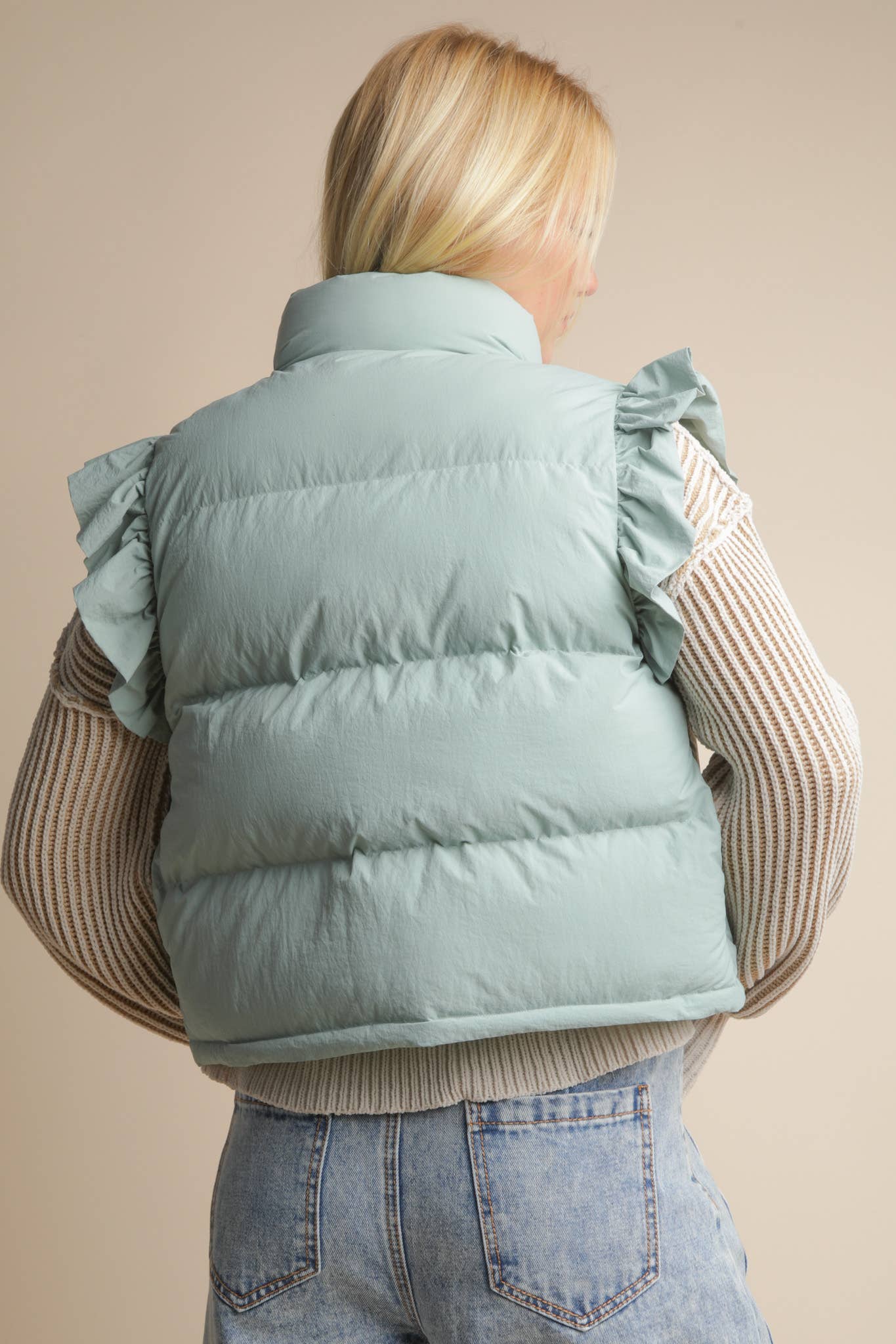 NJ90385-Front Bow Ruffle Sleeve Puffer Vest