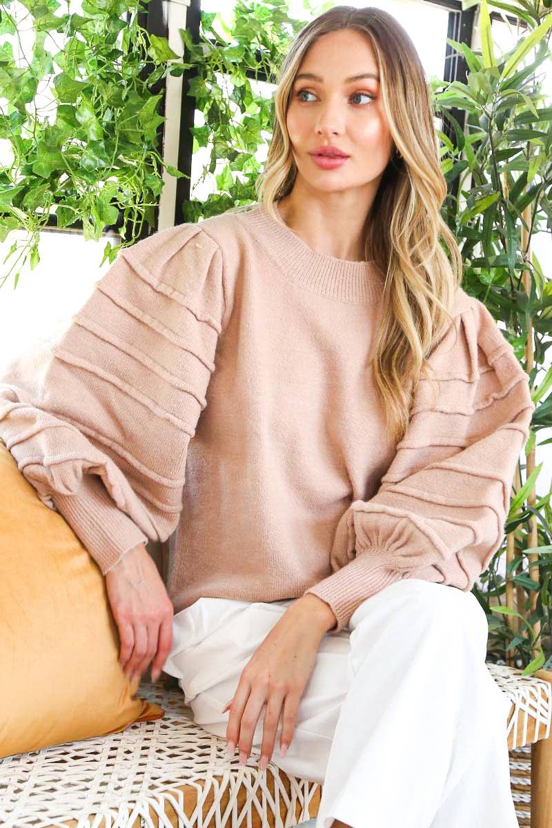 Crew Neck Textured Puff Sleeve Knitted Sweater Top VT70364