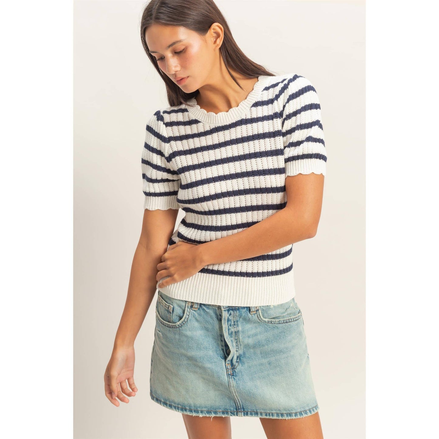 Striped Scallop Edge Puff Sleeve Knit Top