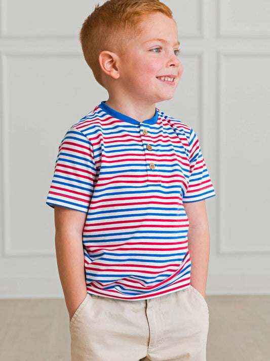 Boys Red White & Blue Stripe Short Sleeve Henley