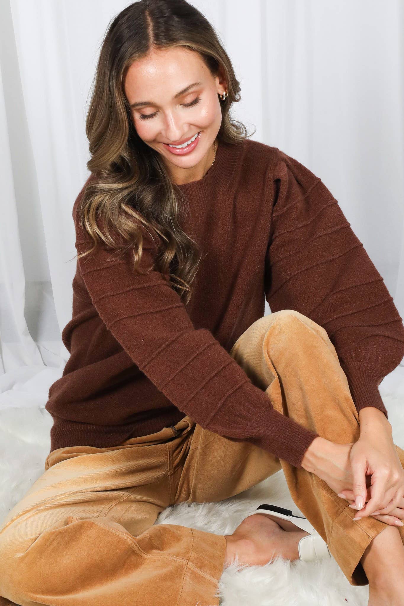 Crew Neck Textured Puff Sleeve Knitted Sweater Top VT70364