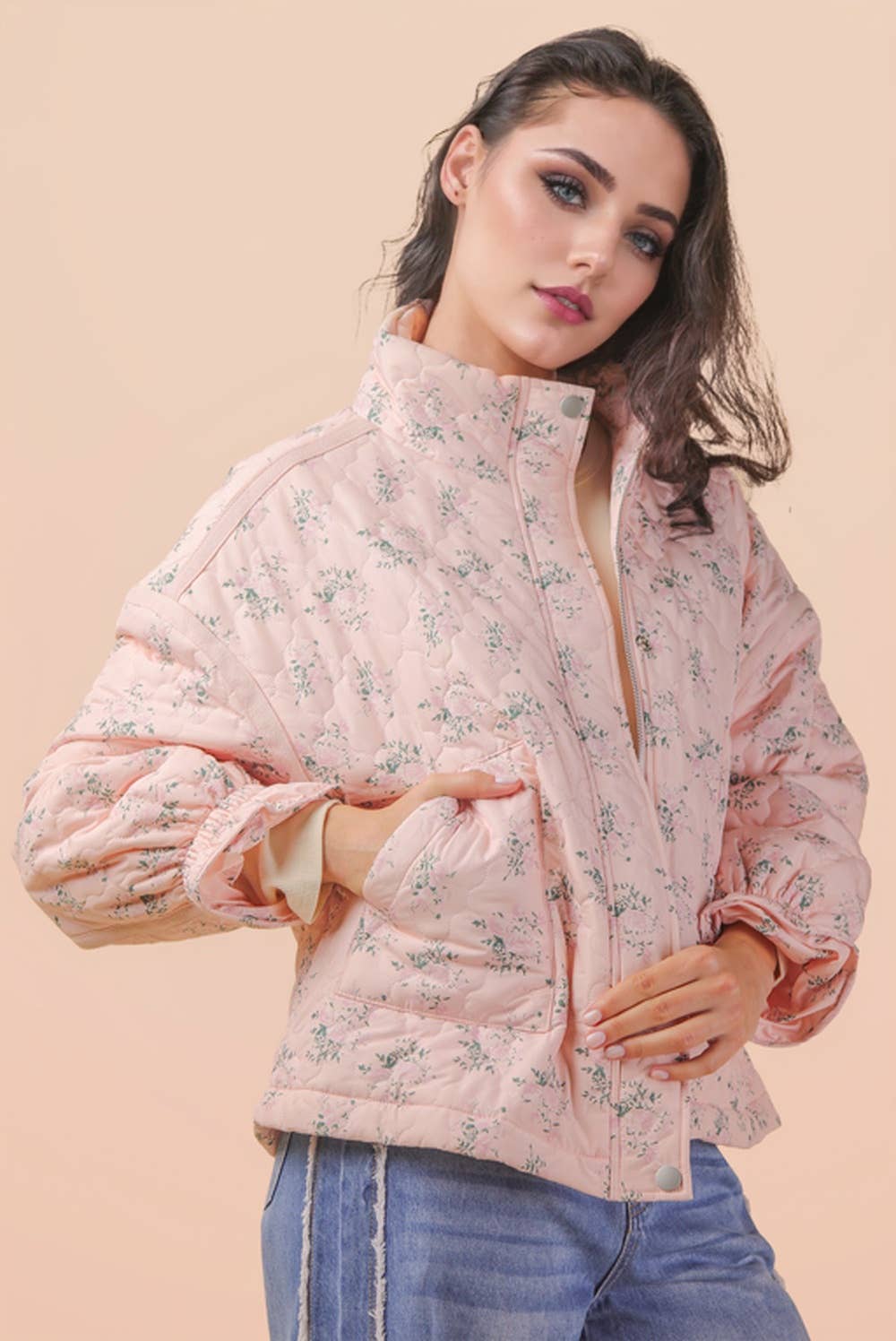NJ90431-Floral Print Quilted Oversized Casual Jacket
