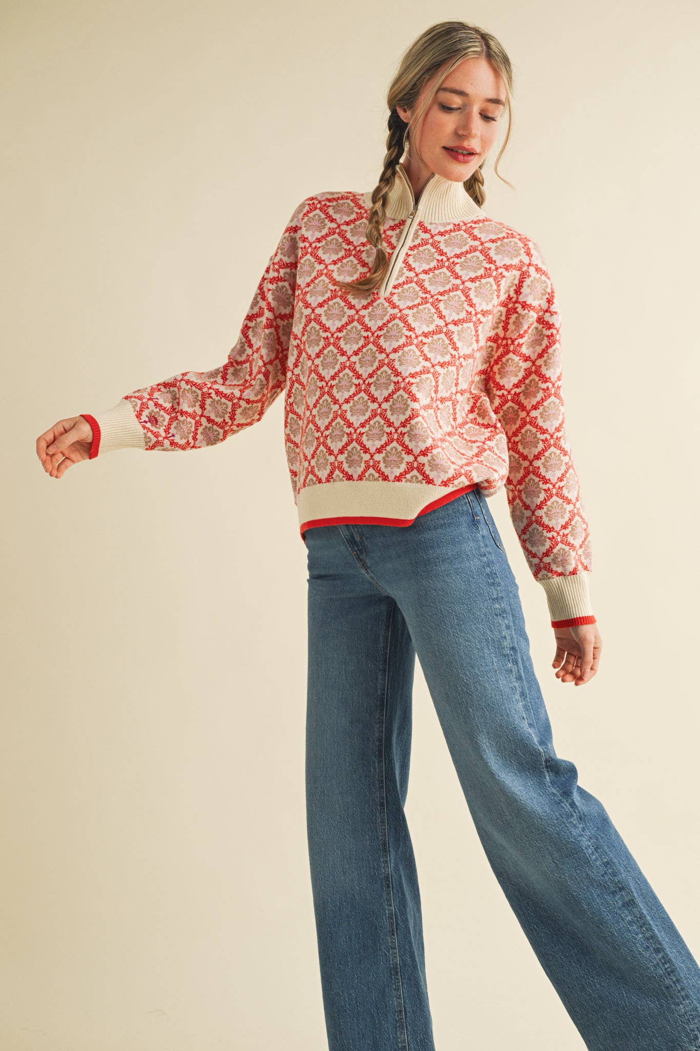 FLORAL MOCK NECK HALF ZIP PULLOVER MSW10829