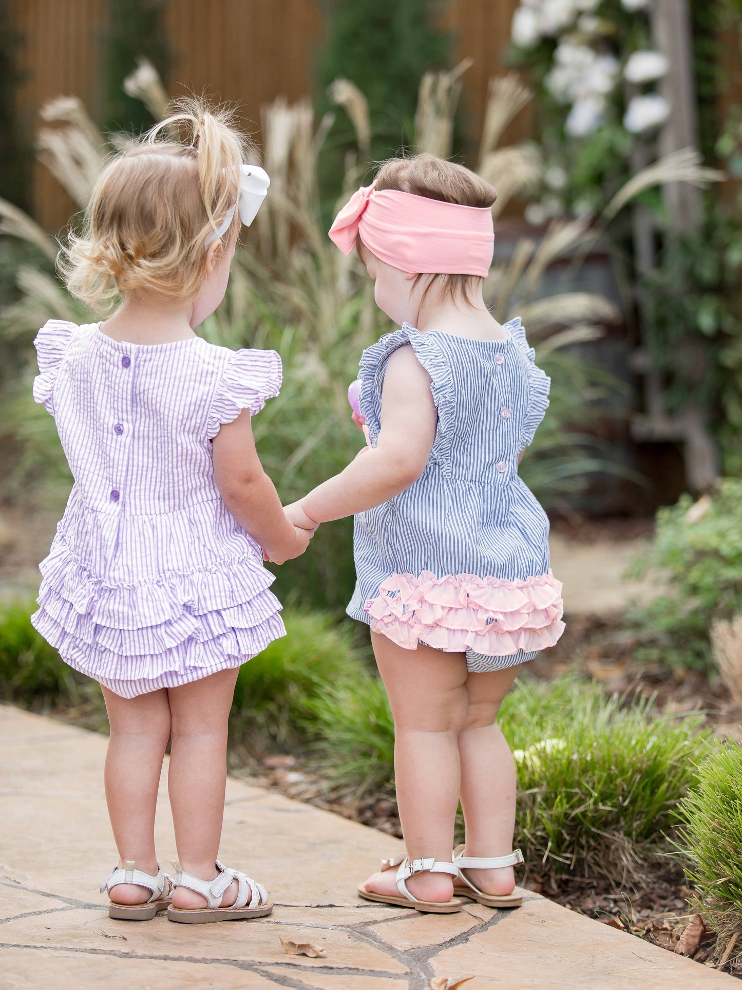 Baby Girls Classic Blue Seersucker Classic Ruffle Bubble Romper