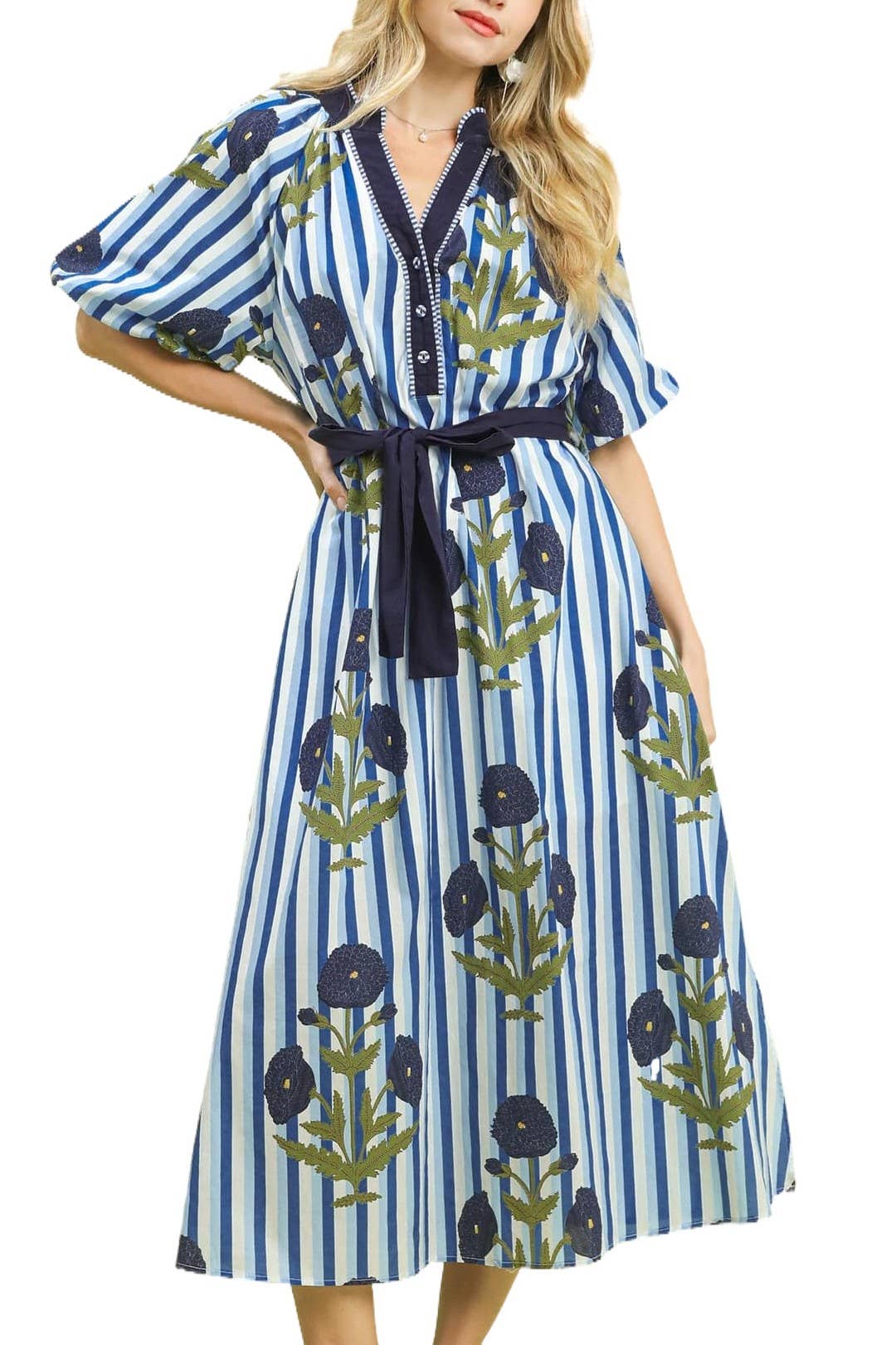 Striped Floral Maxi Dress With Waist Tie