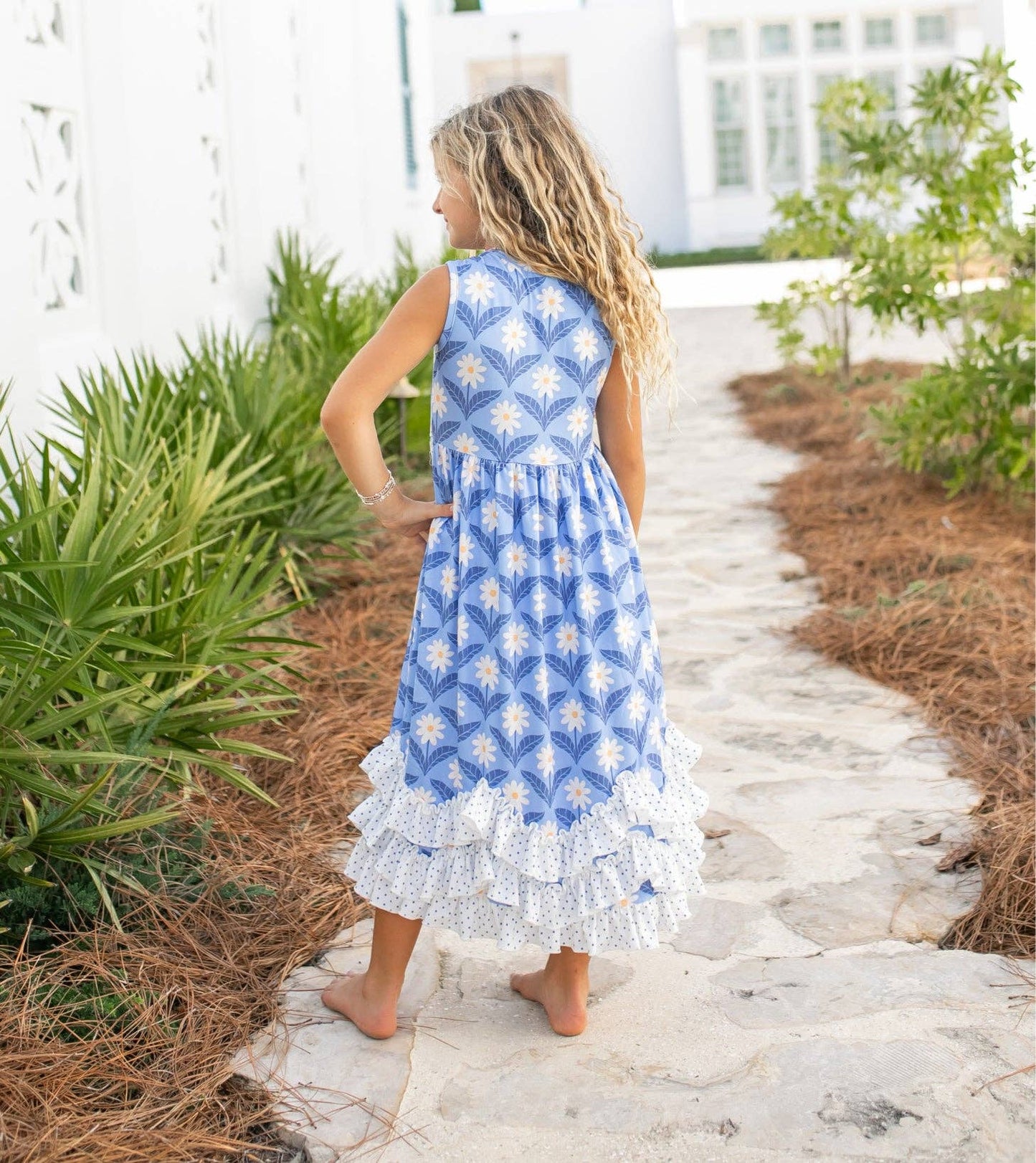 Girls Olivia 3 Ruffle Blue Floral Spring Summer Dress