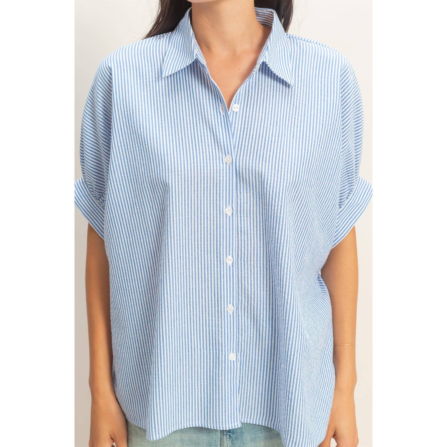 Striped Short Sleeve Button-Front Blouse