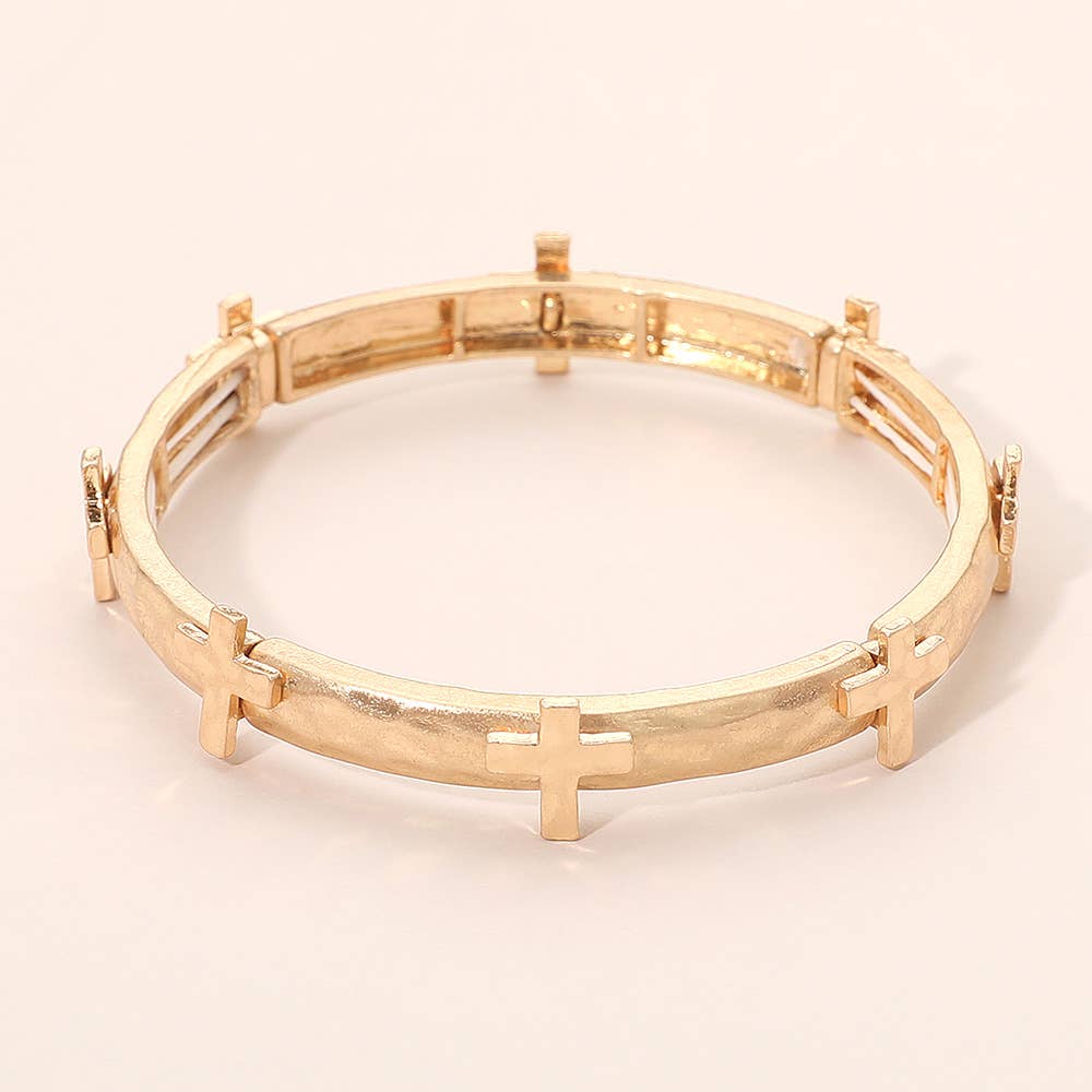 Hammered Brushed Metal Cross Accent Stretch Bracelet