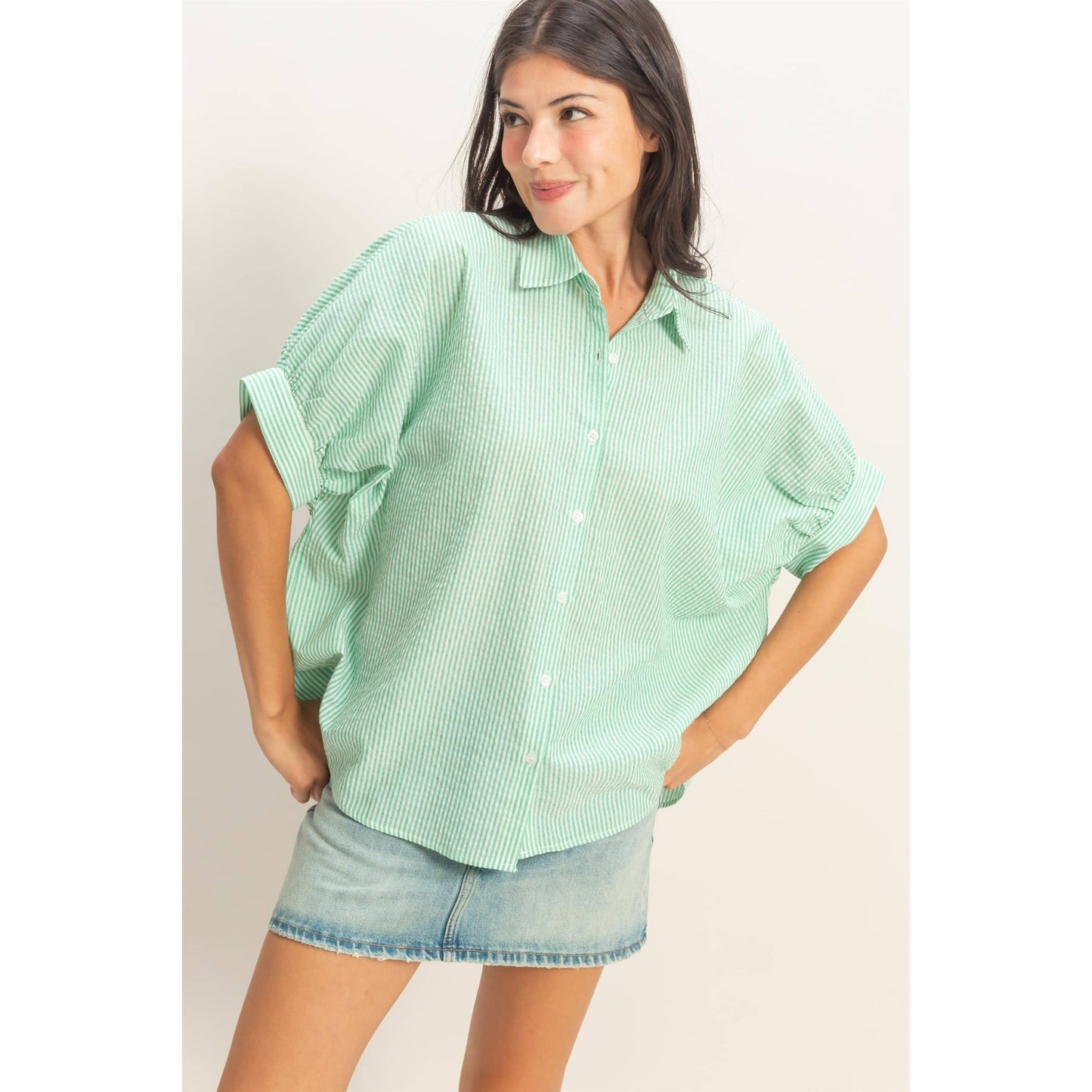 Striped Short Sleeve Button-Front Blouse