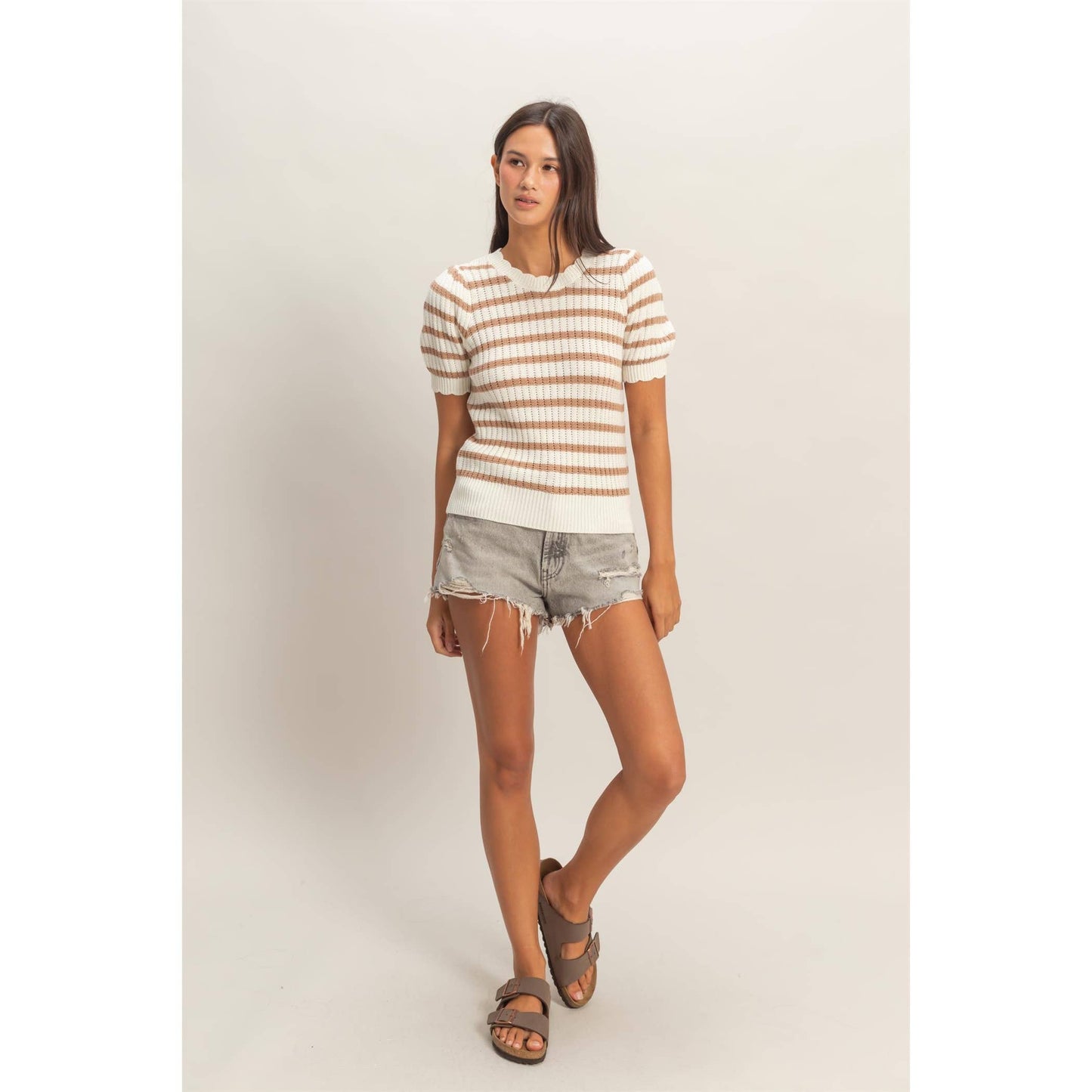 Striped Scallop Edge Puff Sleeve Knit Top