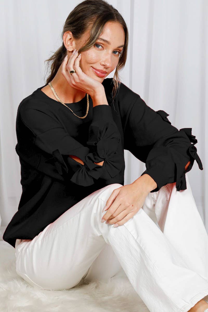 Bow Embellished Long-Sleeve Crew Neck Knit Sweater VT82605-