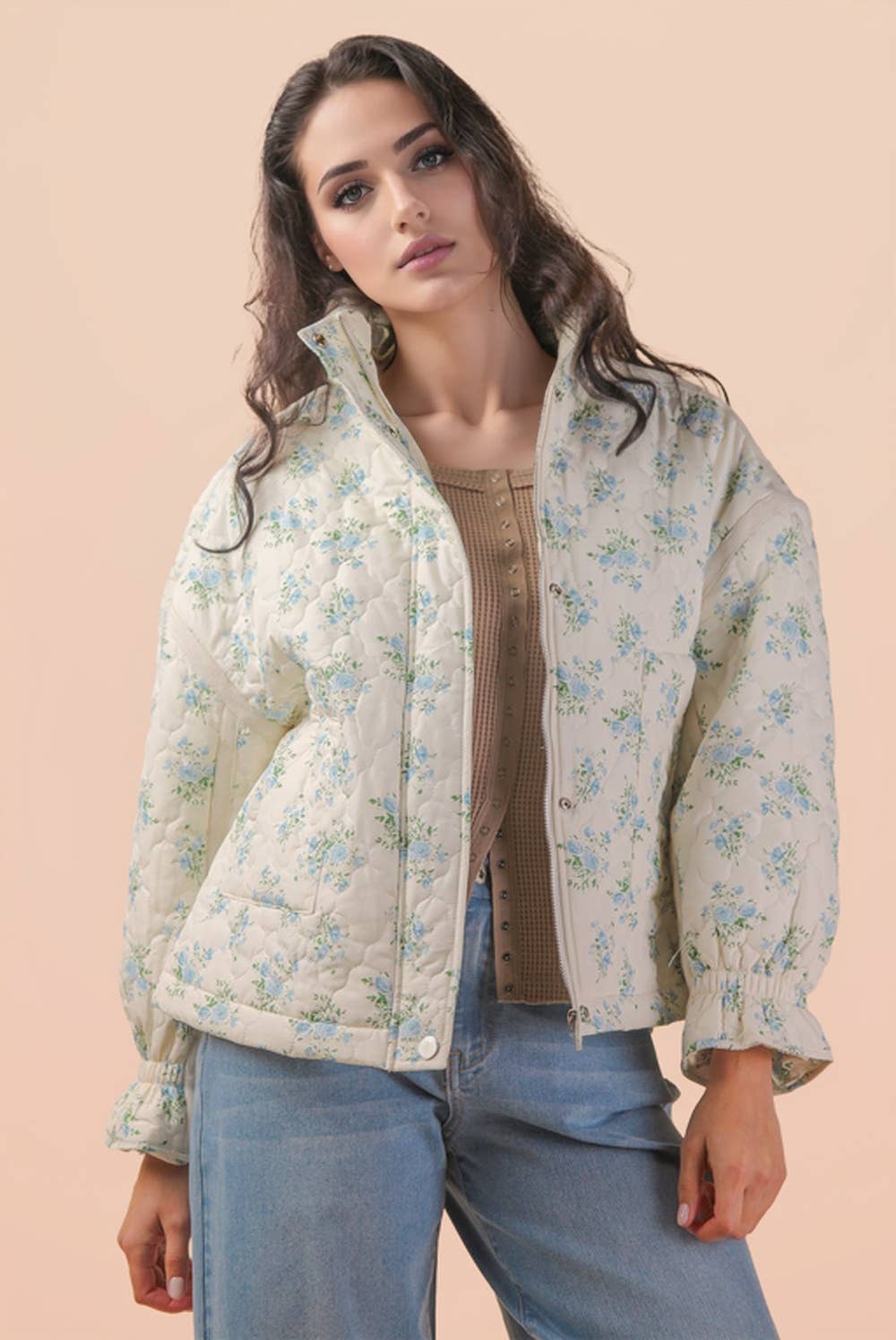 NJ90431-Floral Print Quilted Oversized Casual Jacket