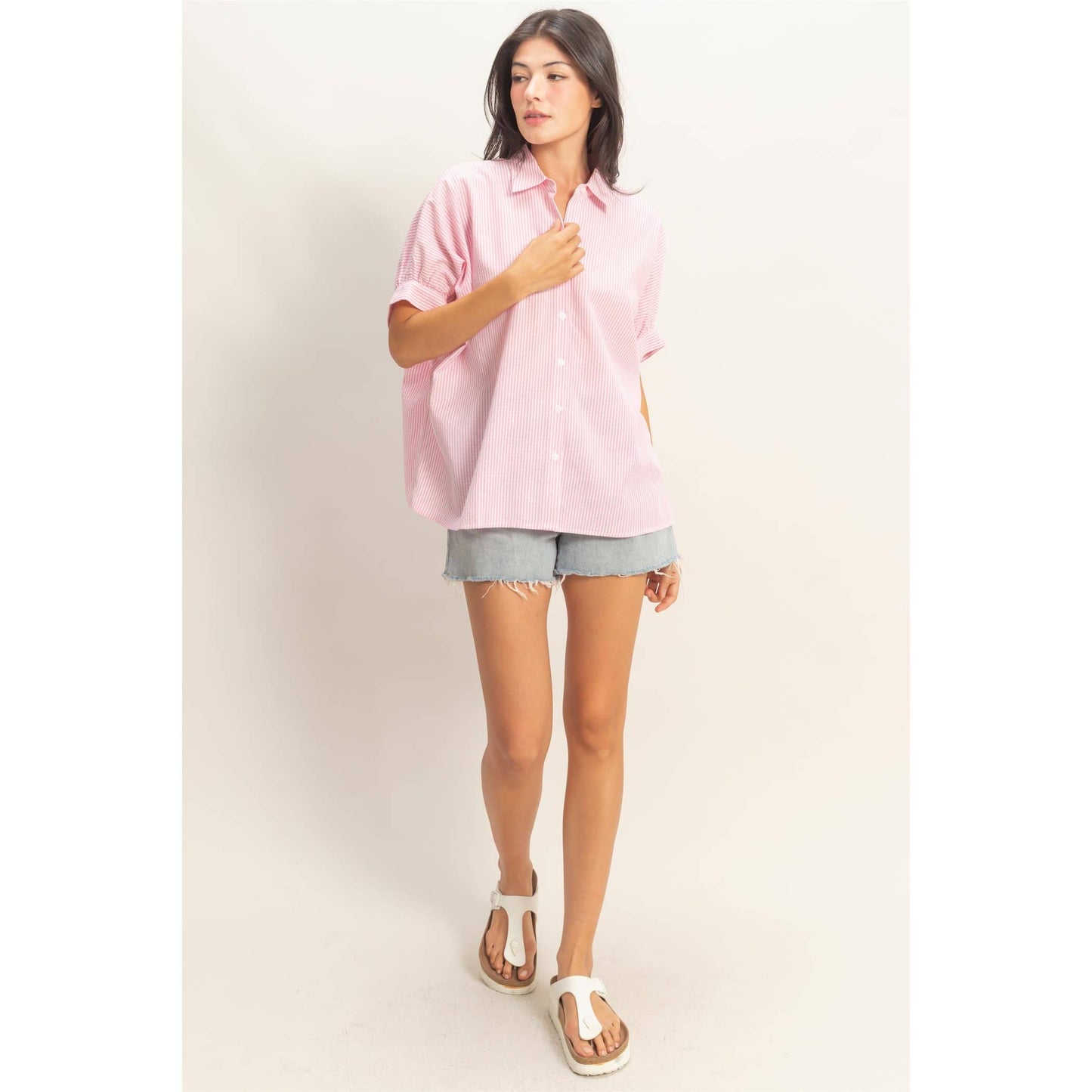 Striped Short Sleeve Button-Front Blouse