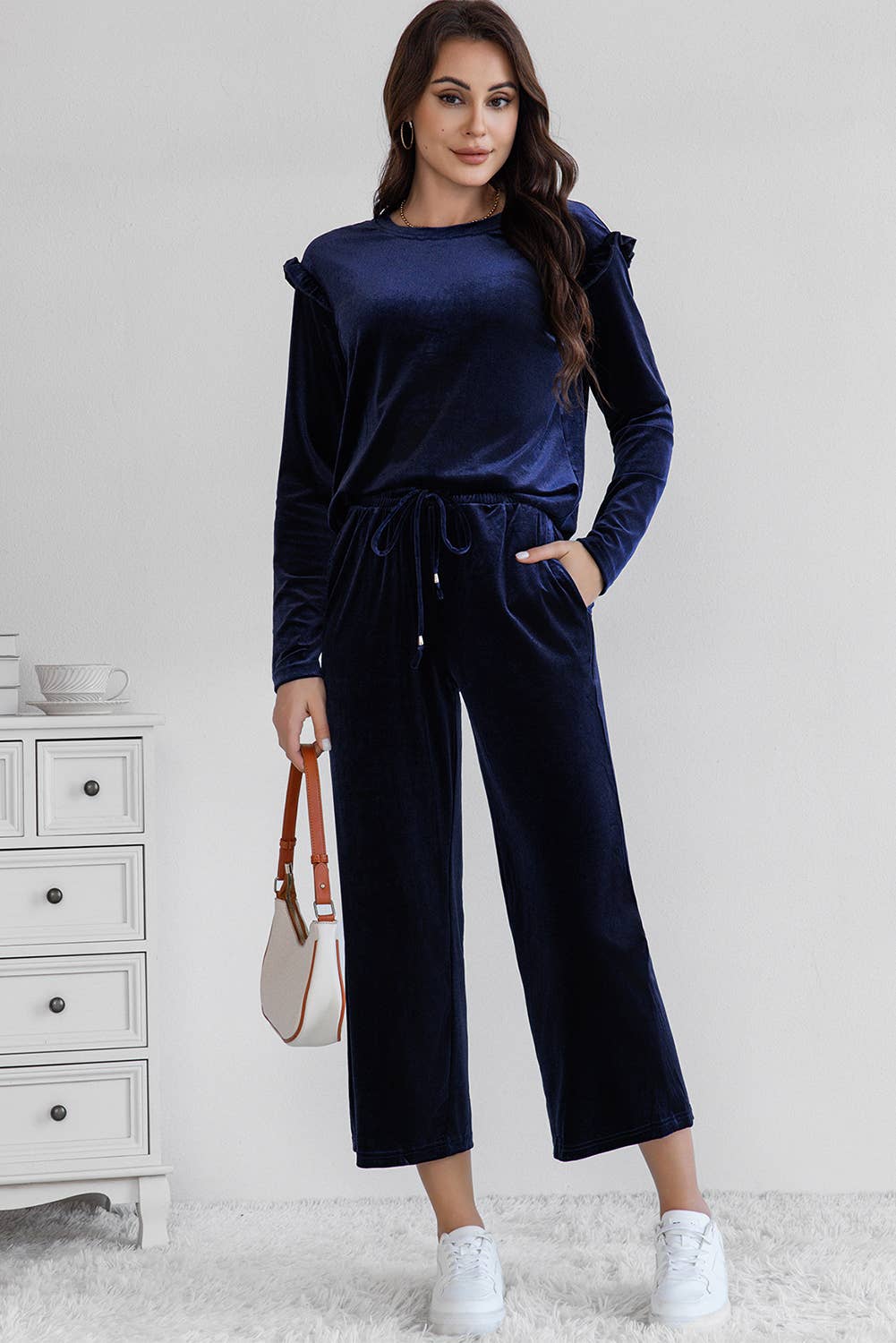 Solid Velvet Long Sleeve Top and High Waist Pants Set