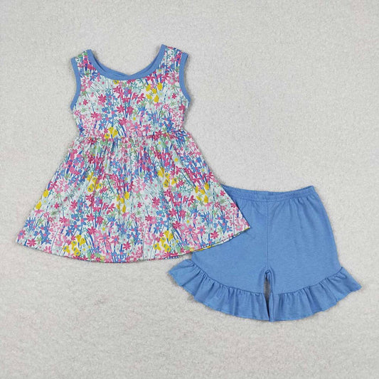 Baby Girls Blue Flowers Bow Tunic Top Ruffle Shorts Clothes