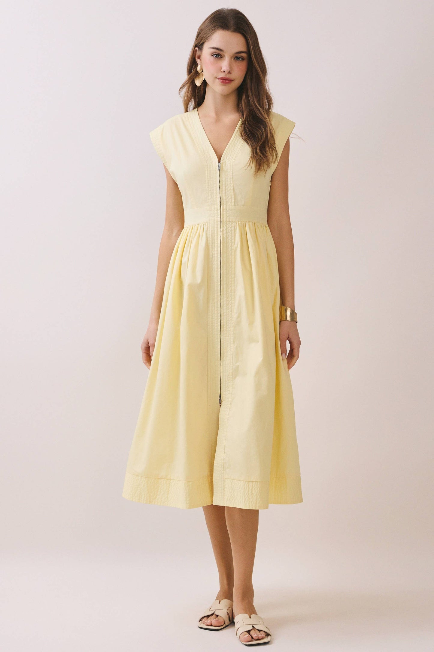 CD06812-Cap Sleeve V Neck Midi Dress with Front Zipper