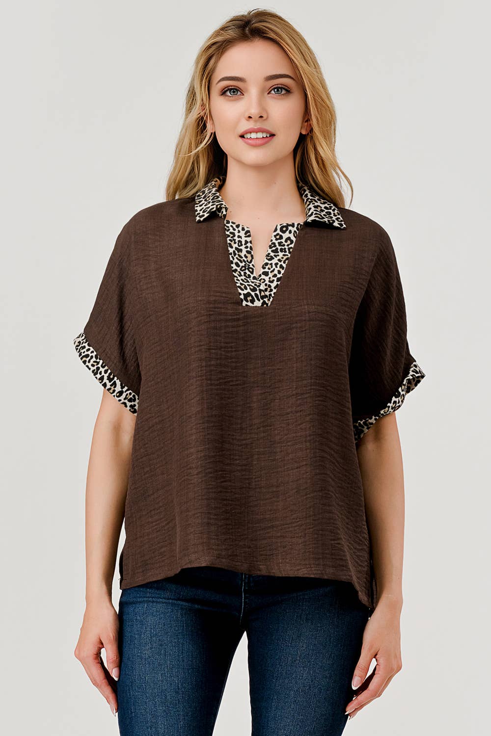Danni Short Sleeve Leopard Print Color Block Top Coffee 9923