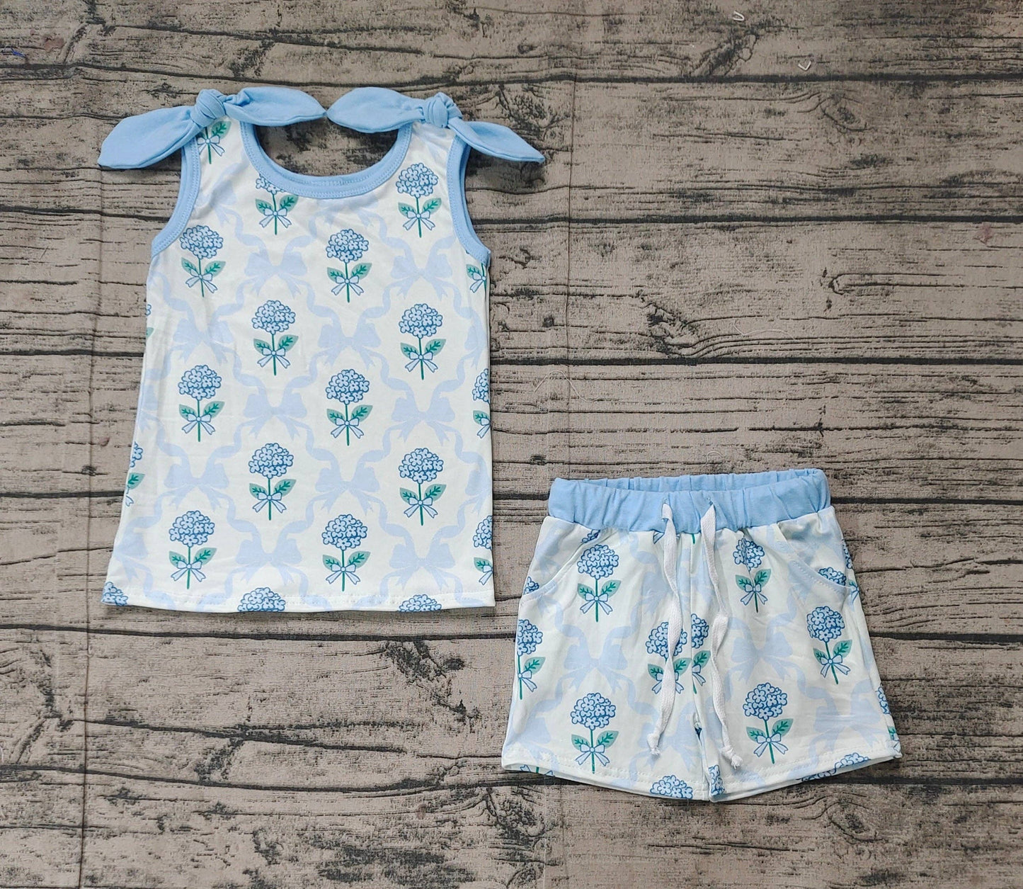 Baby Girls Blue Flowers Bows Top Shorts Clothes Sets