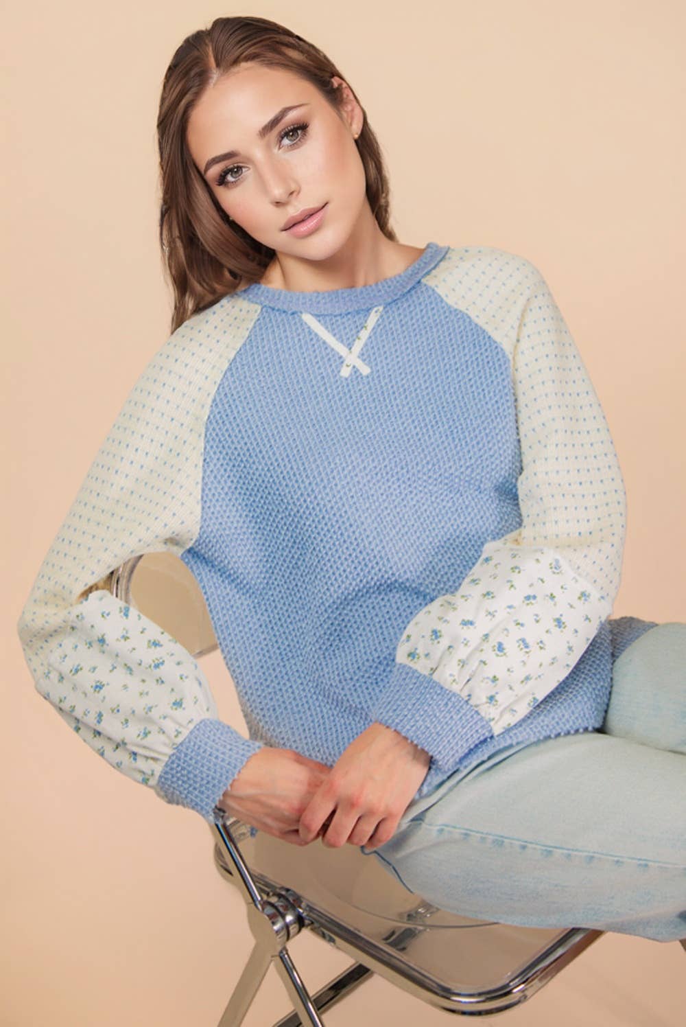 NT12328-Raglan Sleeve Color Block Casual Textured Knit Top