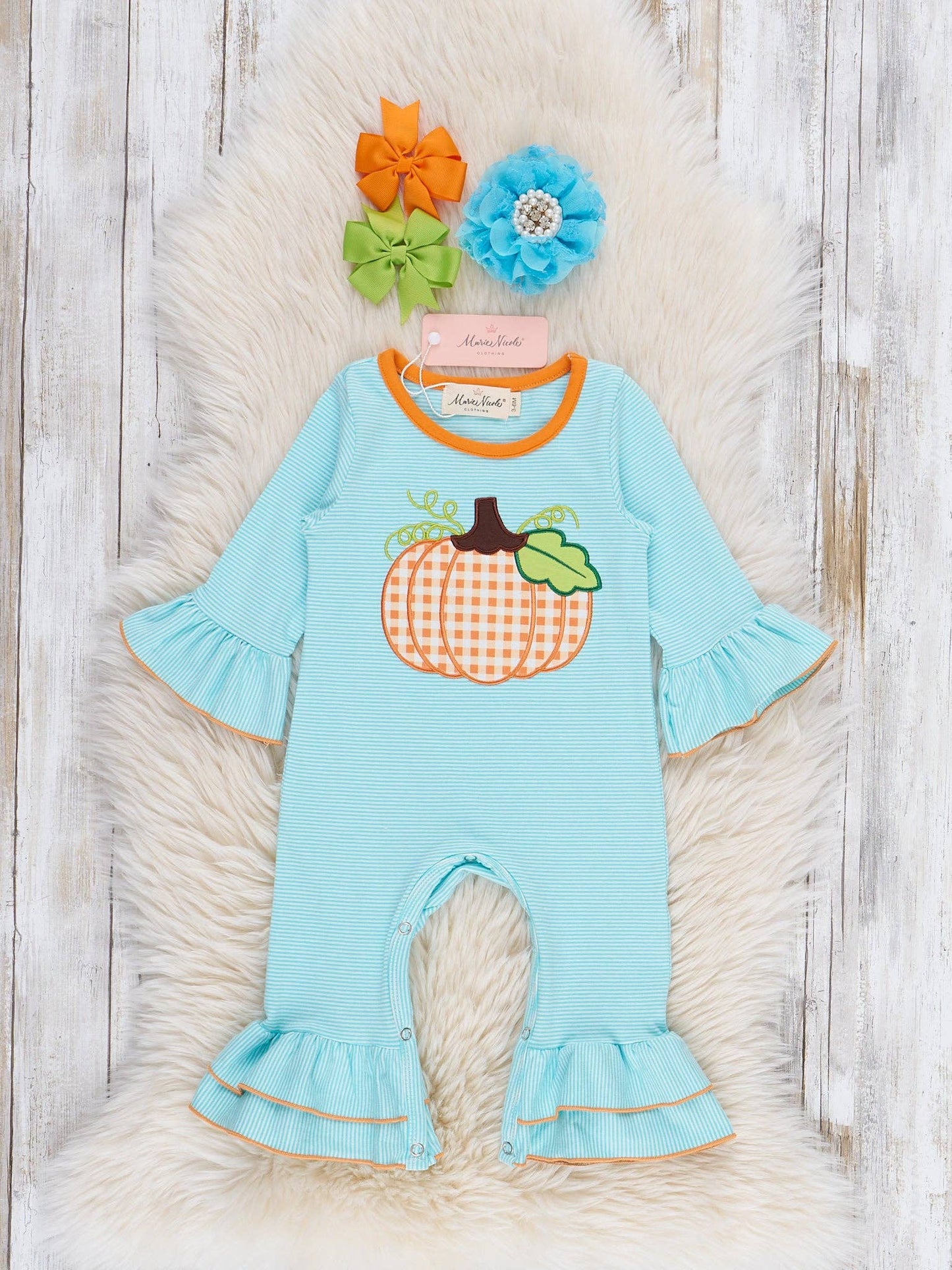 Light Blue Stripes Pumpkin Ruffle Romper
