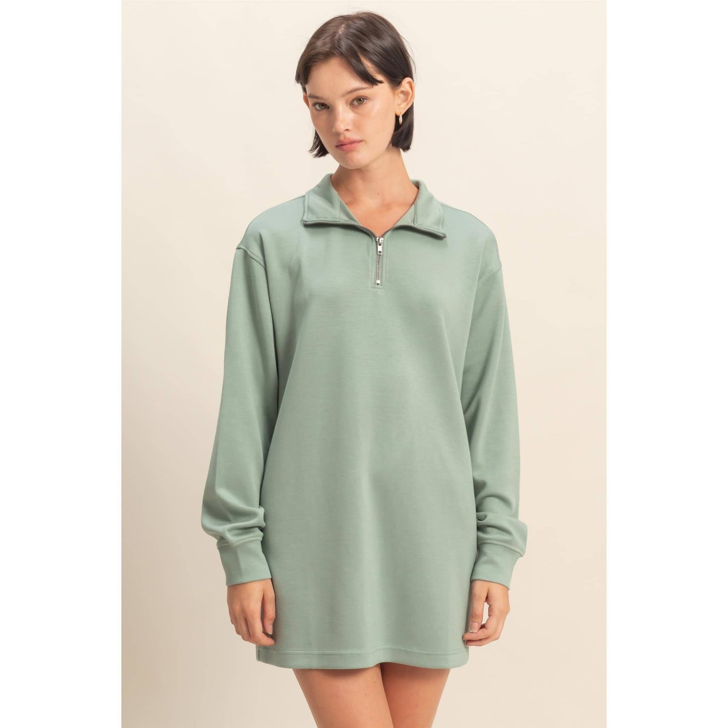 Double Knit Half Zip Up Long Sleeve Mini Dress