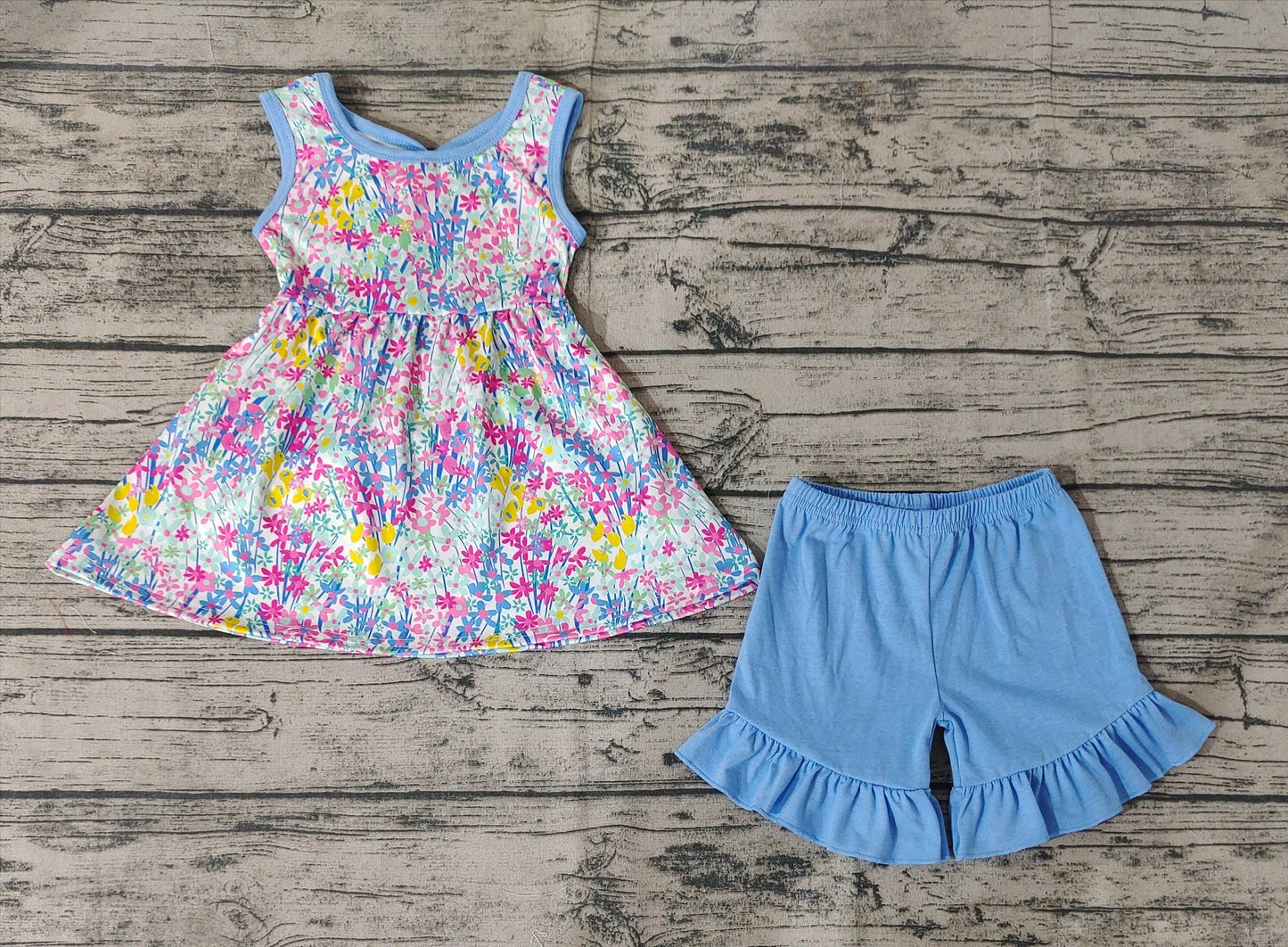 Baby Girls Blue Flowers Bow Tunic Top Ruffle Shorts Clothes