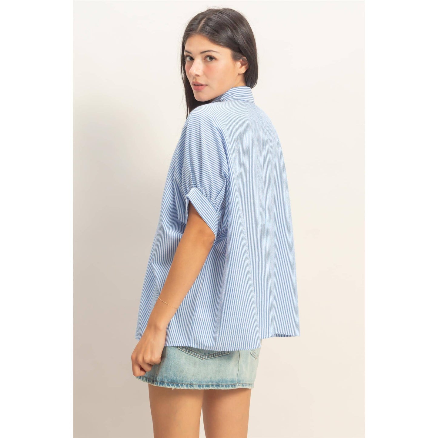 Striped Short Sleeve Button-Front Blouse