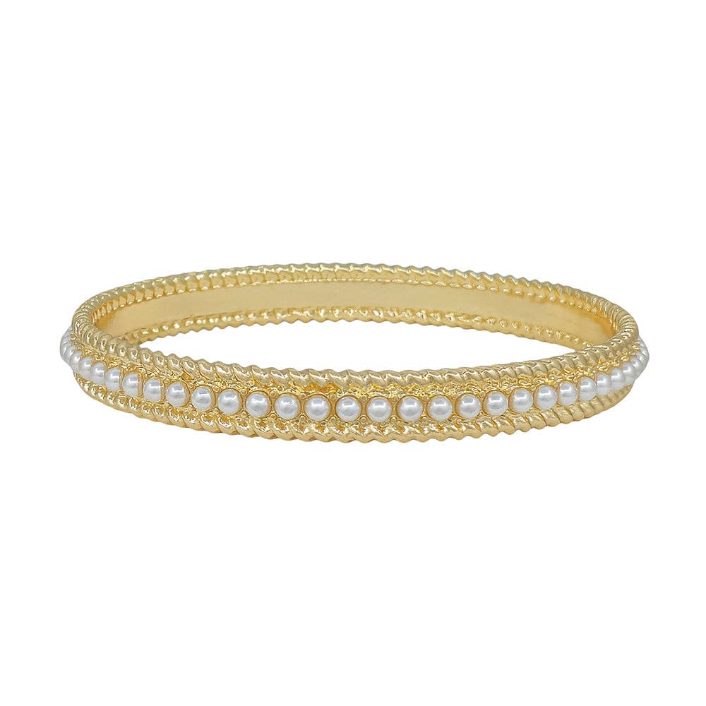 Gold Textured and Pearl Bangle Bracelet