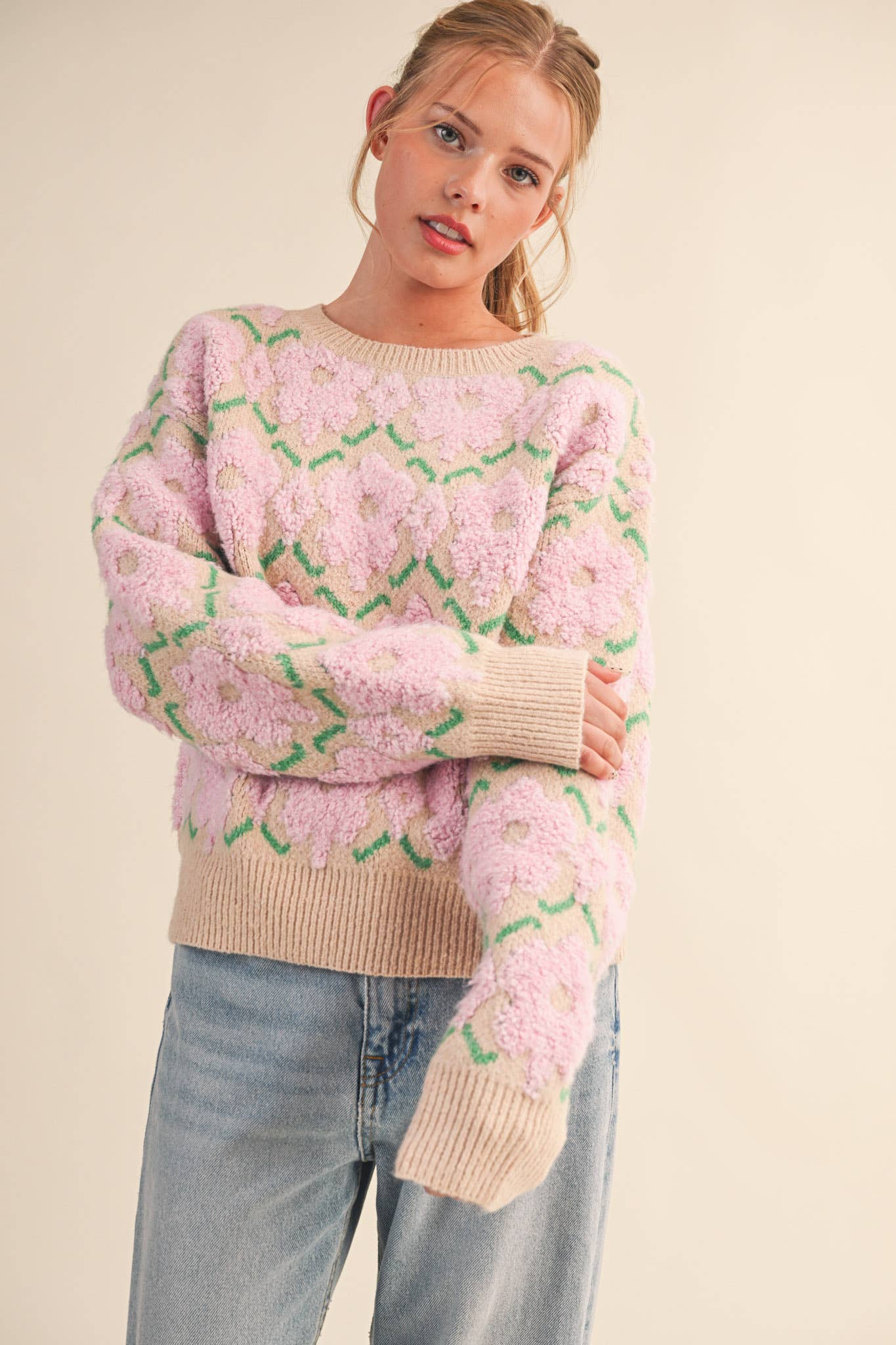 FUZZY TEXTURE FLORAL SWEATER MSW11198