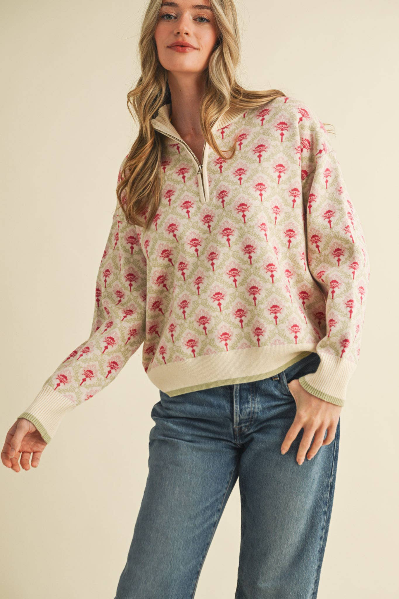 FLORAL MOCK NECK HALF ZIP PULLOVER MSW10829