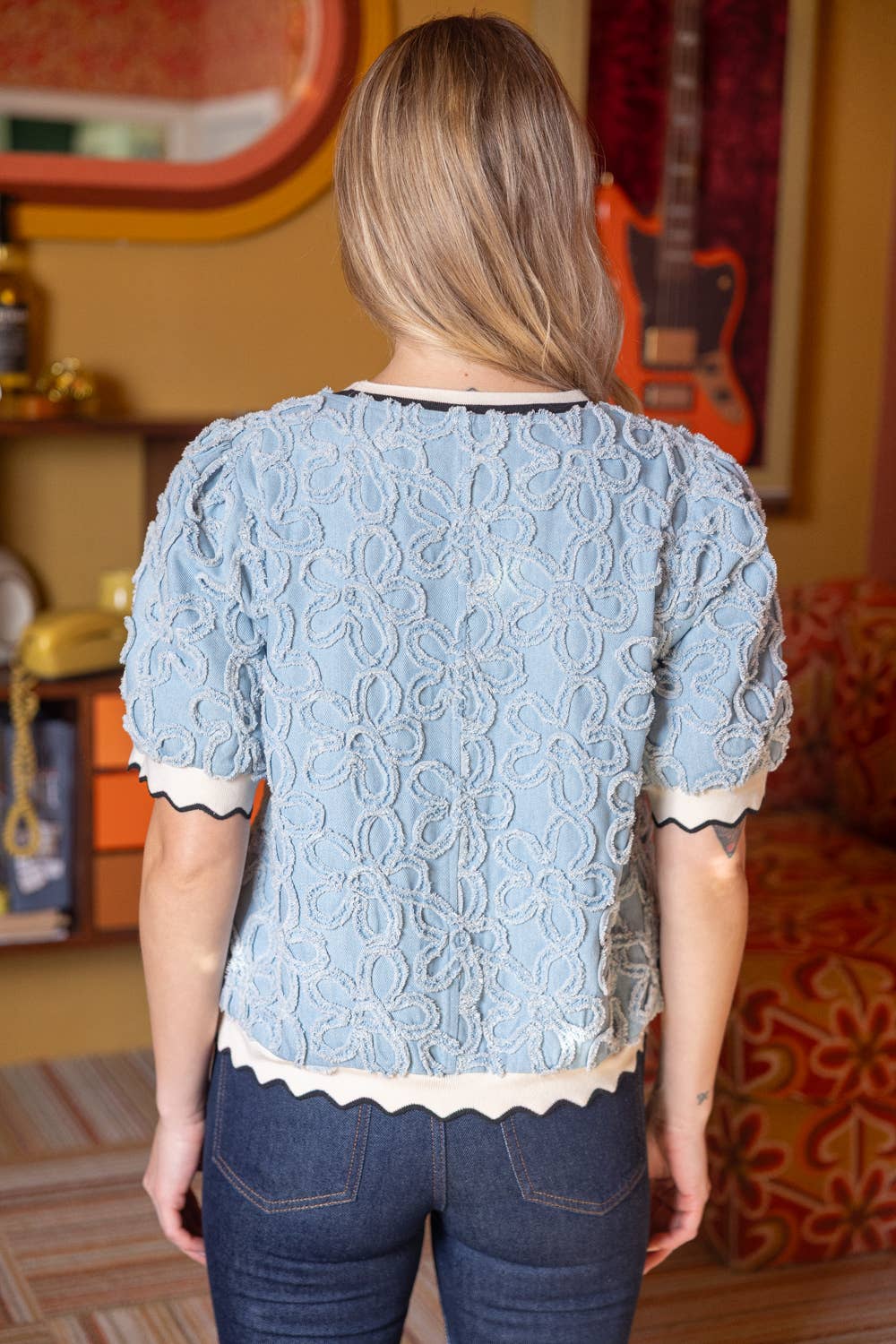 36086 Wave Ribbed Trim Detail Floral Textured Denim Top