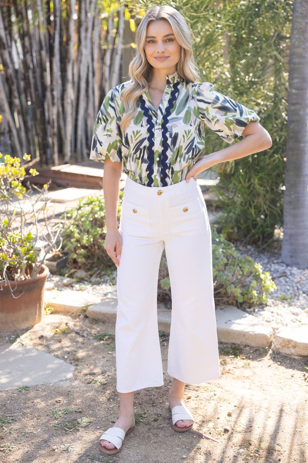 36025 Wavy Trim Button Down Print Top