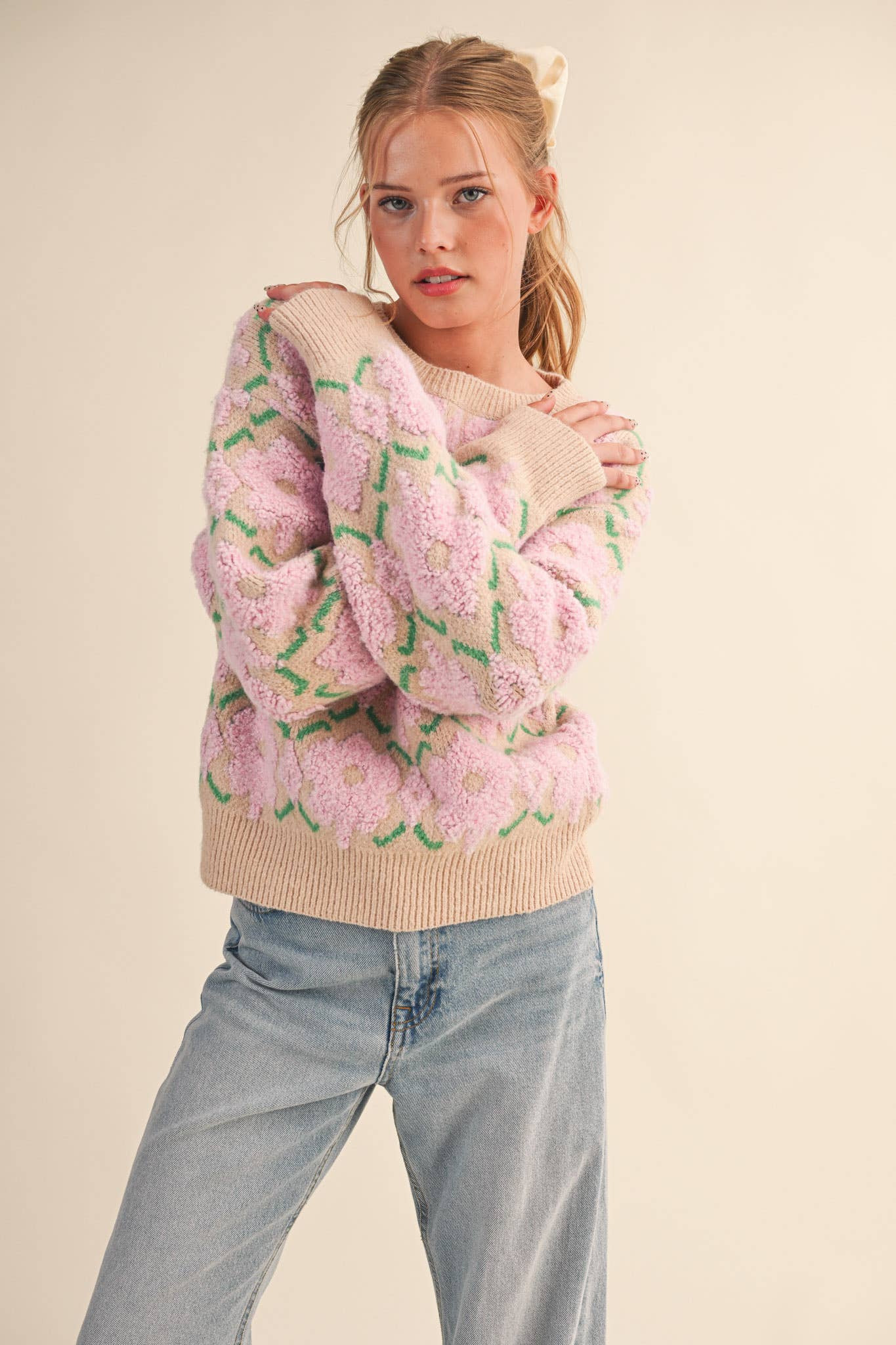 FUZZY TEXTURE FLORAL SWEATER MSW11198