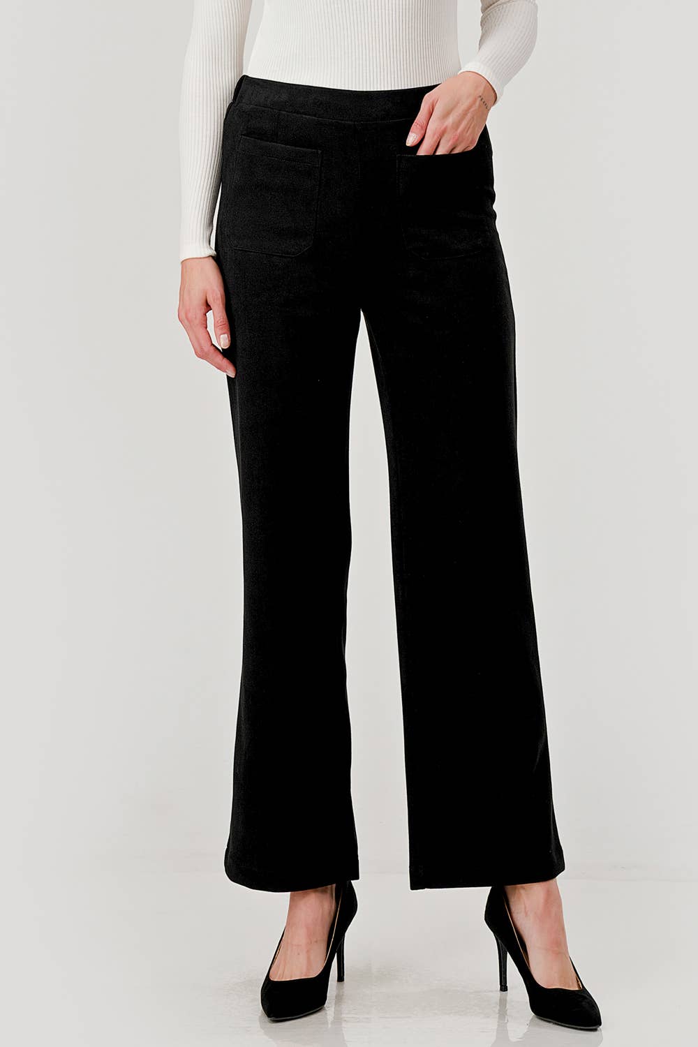 Mbp 1004 Suede Feel Pull on Front Pocket Stretch Pants Black