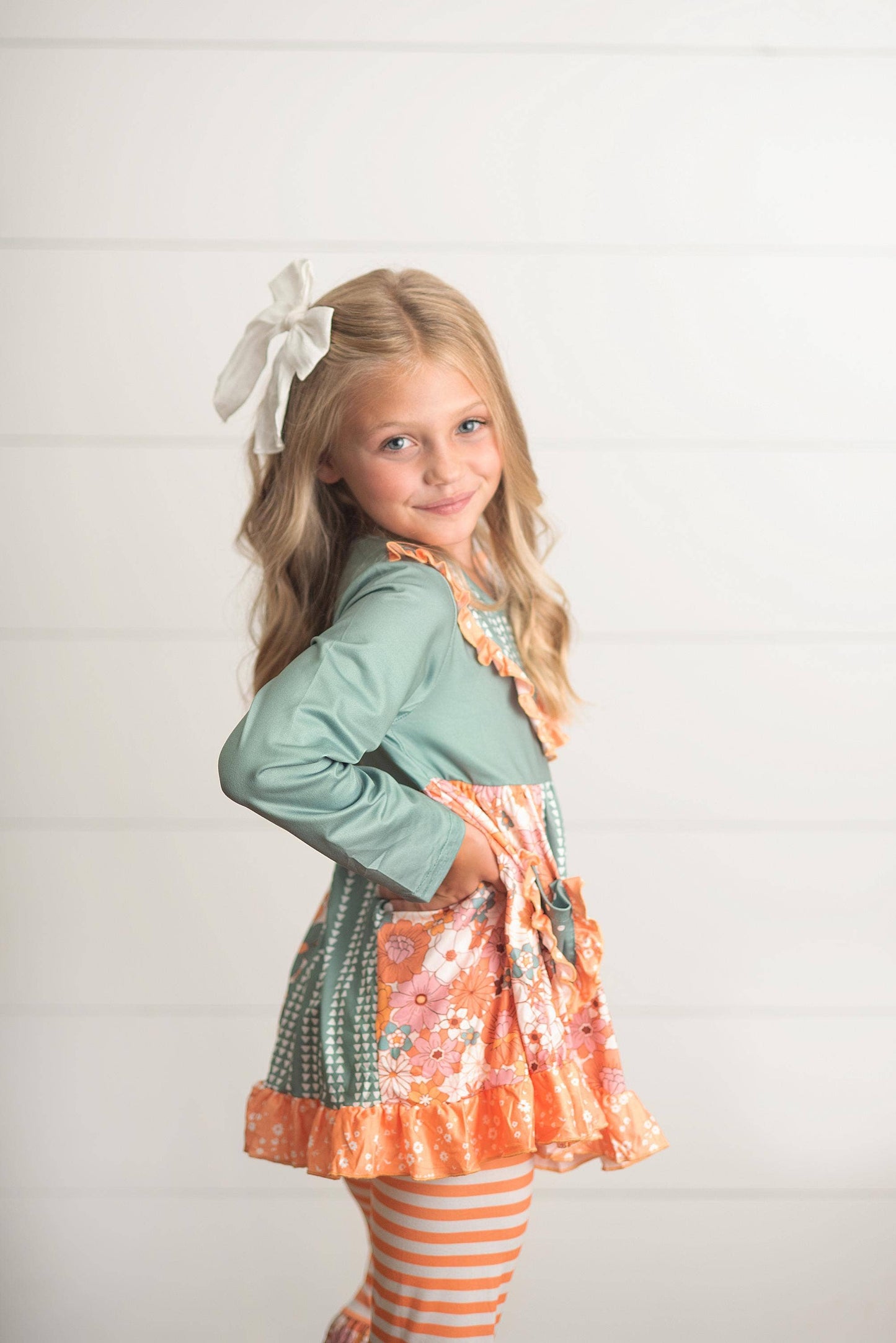 Kids Sage Floral Pocket Two Piece Bell Bottom Ruffle Set