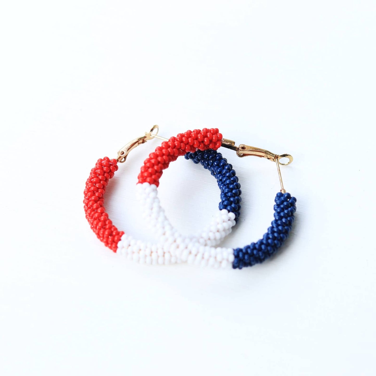 Red White Blue Beaded Patriotic Color Block Hoop Earrings