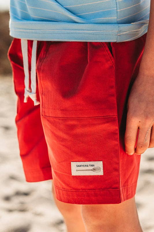 Boys Red Drawstring Shorts, Pockets, Above the knee