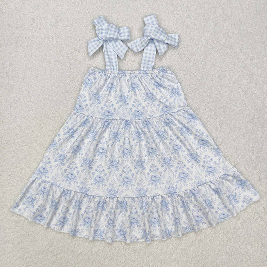Baby Girls Blue Flowers Straps Knee Length Dresses