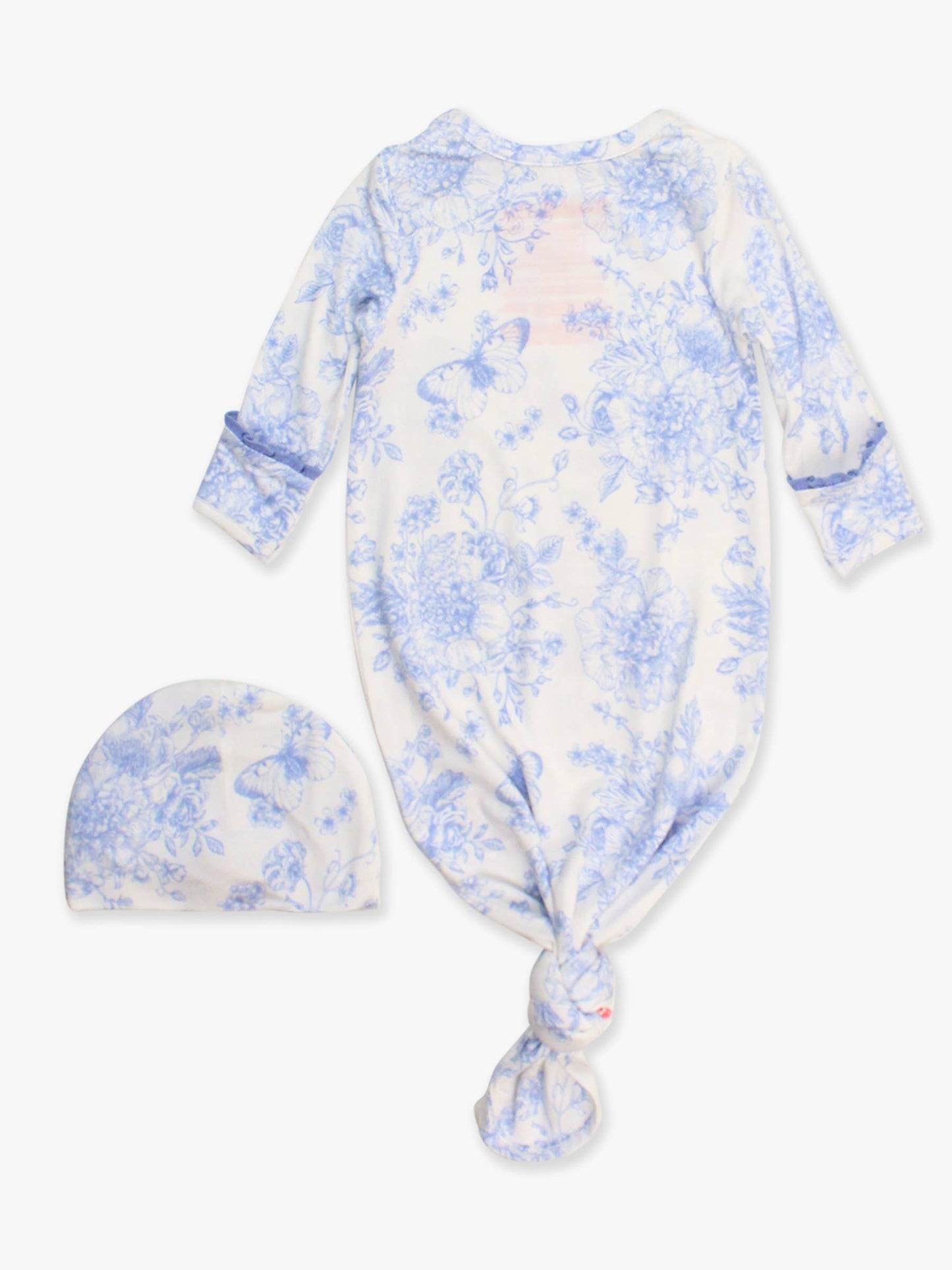 Baby Girls Periwinkle Blue Butterfly Garden Toile Bamboo Viscose Ruffle Knotted Sleep Gown & Hat Set