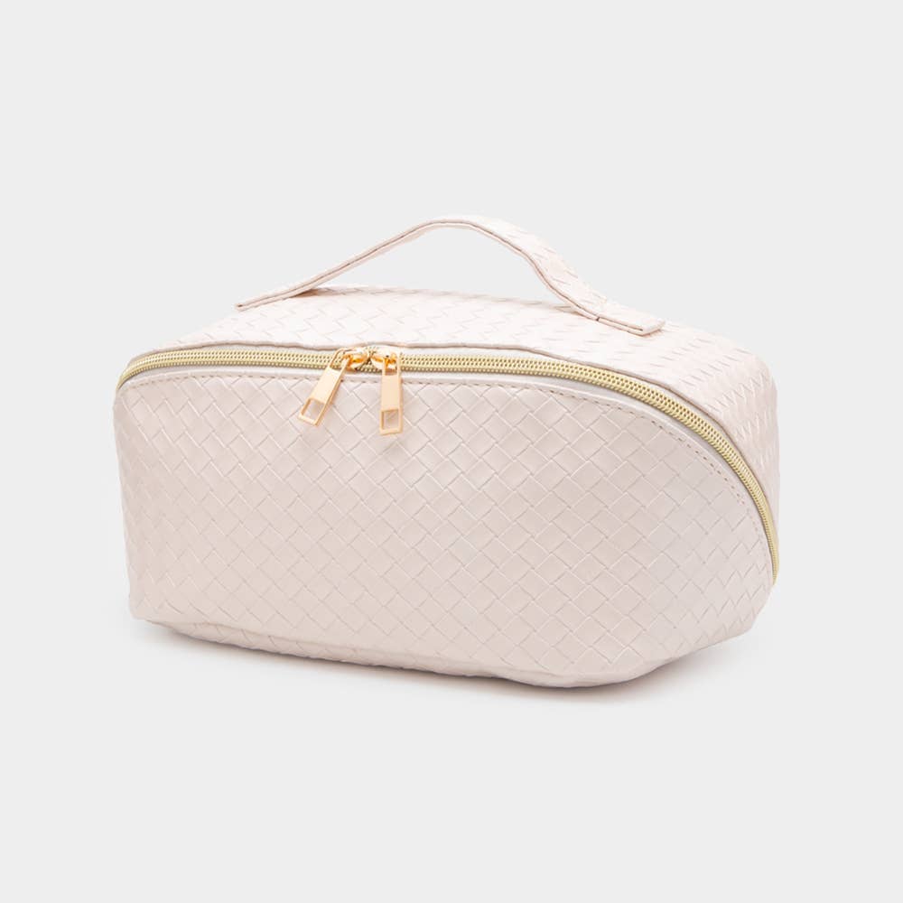 Woven Detailed Solid Tote Bag / Travel Cosmetic Bag