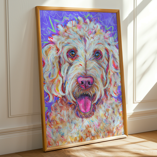 Goldendoodle Dog Art Print, Pet Art, Maximalist Art, Dopamine Decor, Trendy Colorful Wall Poster