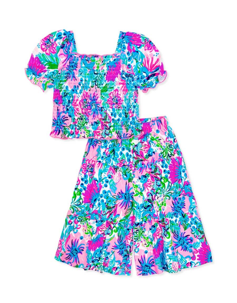 GKSS-3173B-Q56 Girl's 2 pcs Flare Pant Set w/ Smocking Top