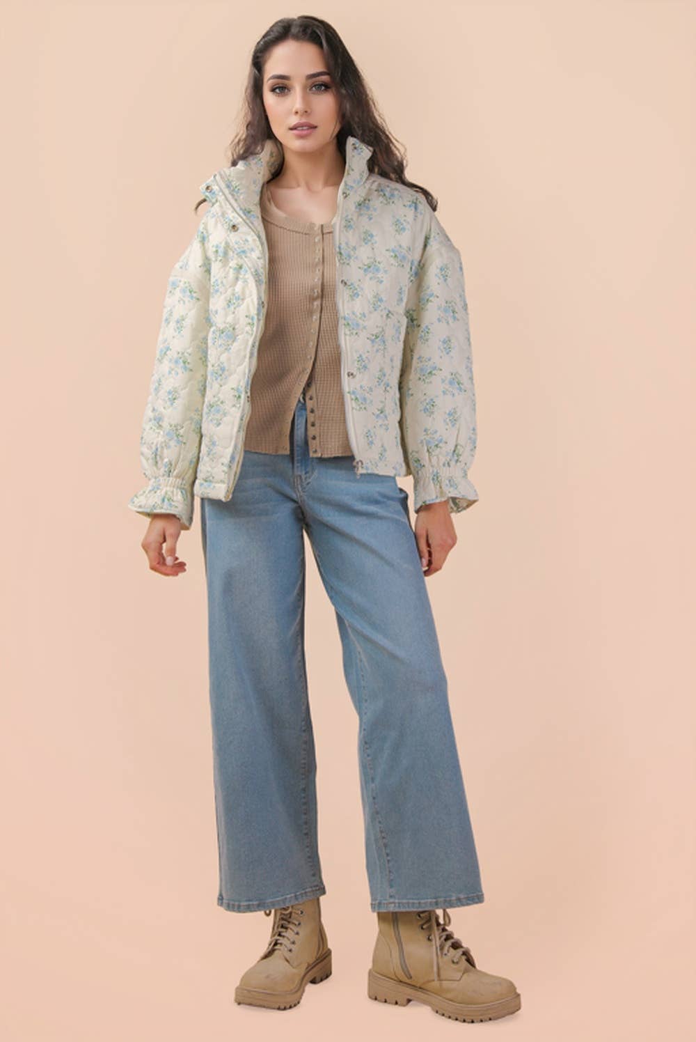 NJ90431-Floral Print Quilted Oversized Casual Jacket