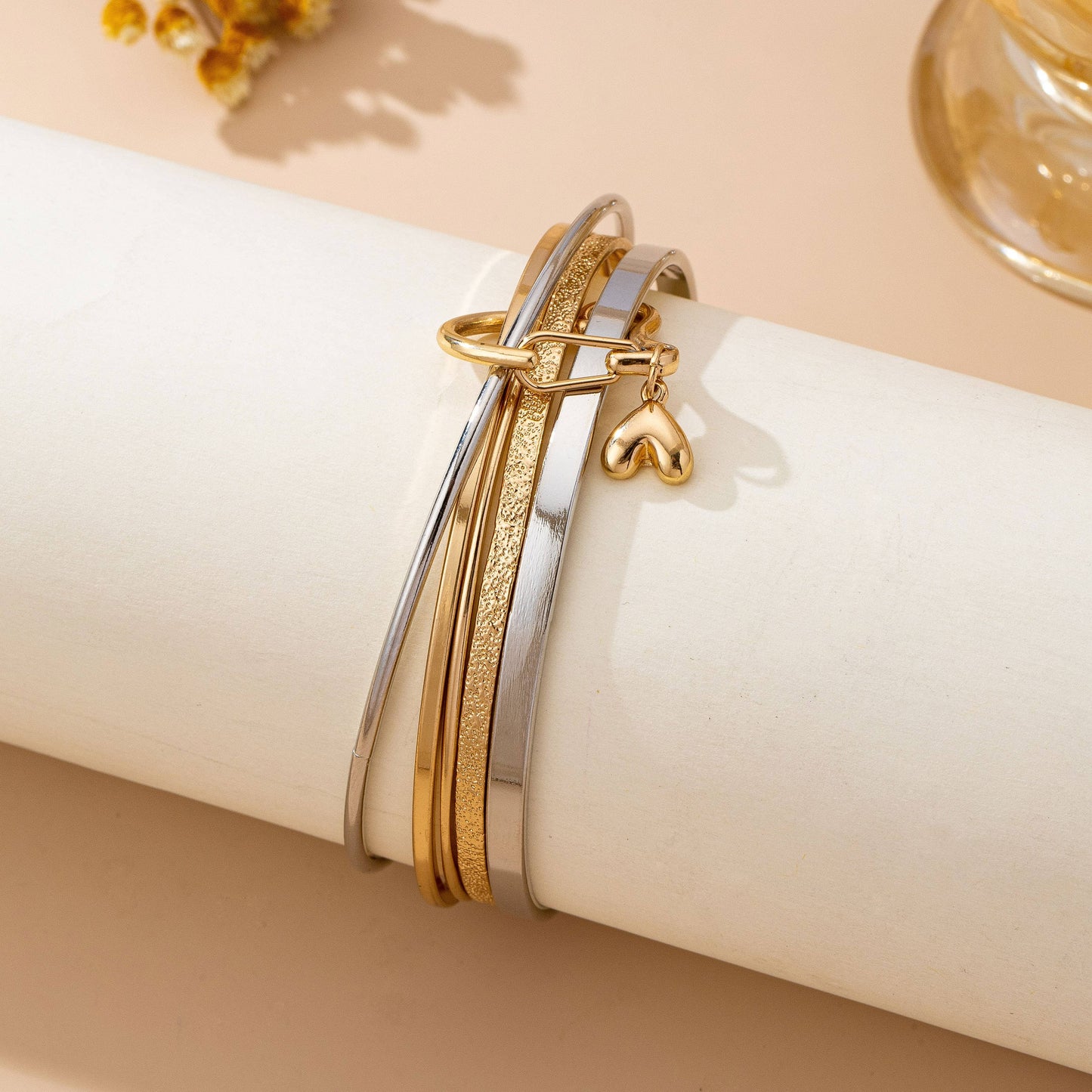 Gold Silver Heart Linked Multi Bangle Set Bracelet | 80B1591