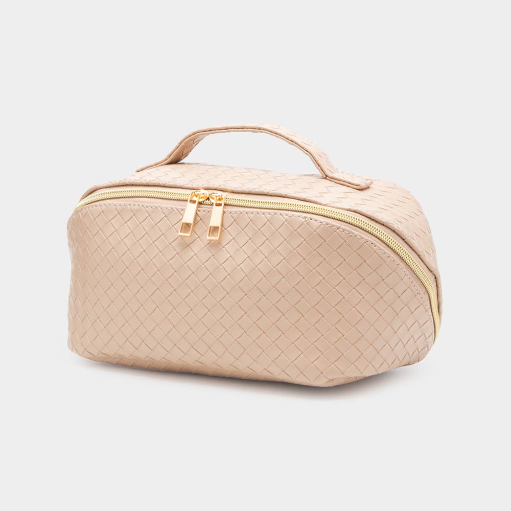 Woven Detailed Solid Tote Bag / Travel Cosmetic Bag