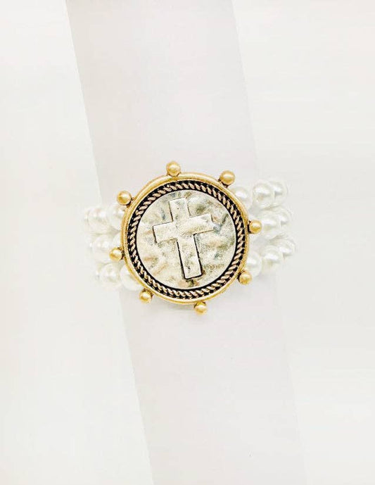 Three Row Pearl with Hammered Silver and Gold Cross Coin Stretch Bracelet