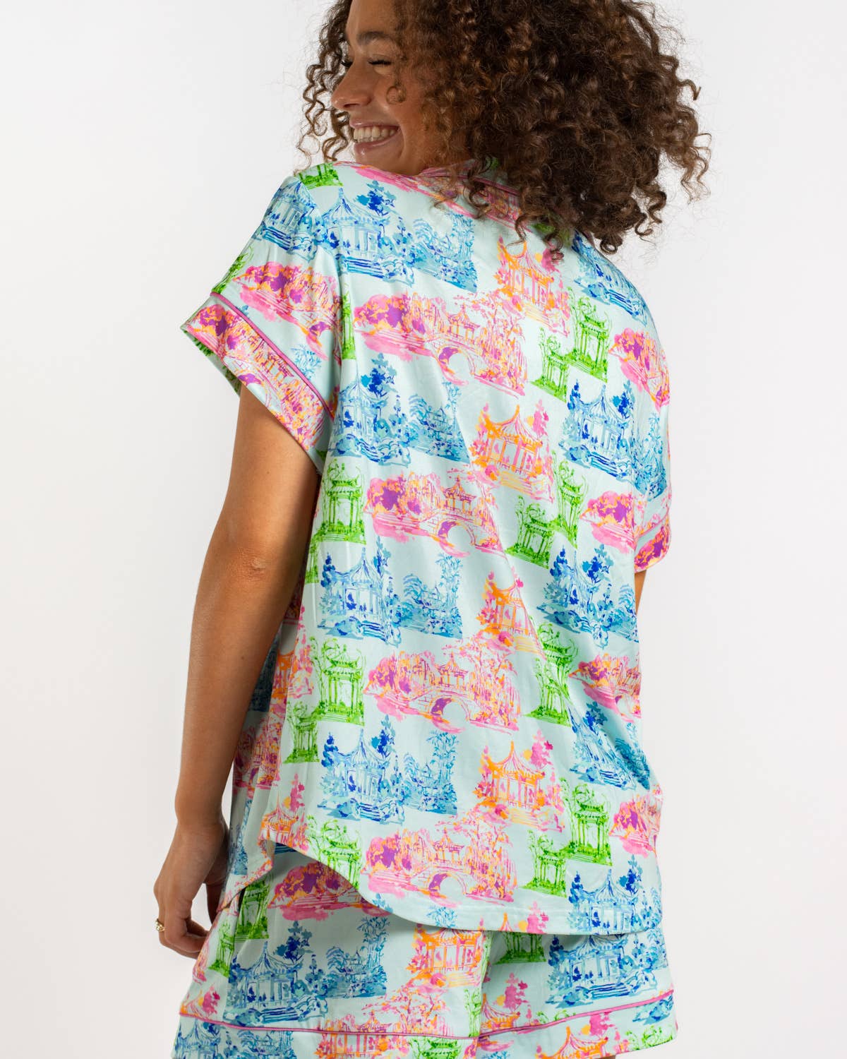 Maya Short Sleeve Button Up Sleep Shirt   Aqua/Multi   -Asst.