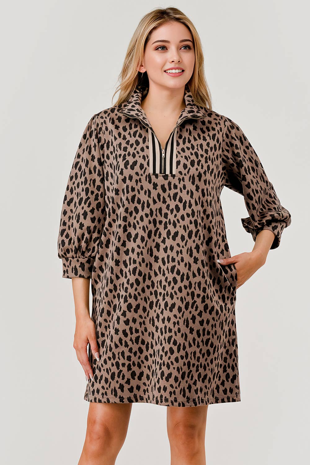 Mandy Leopard Print fabric Zipper Dress Brown